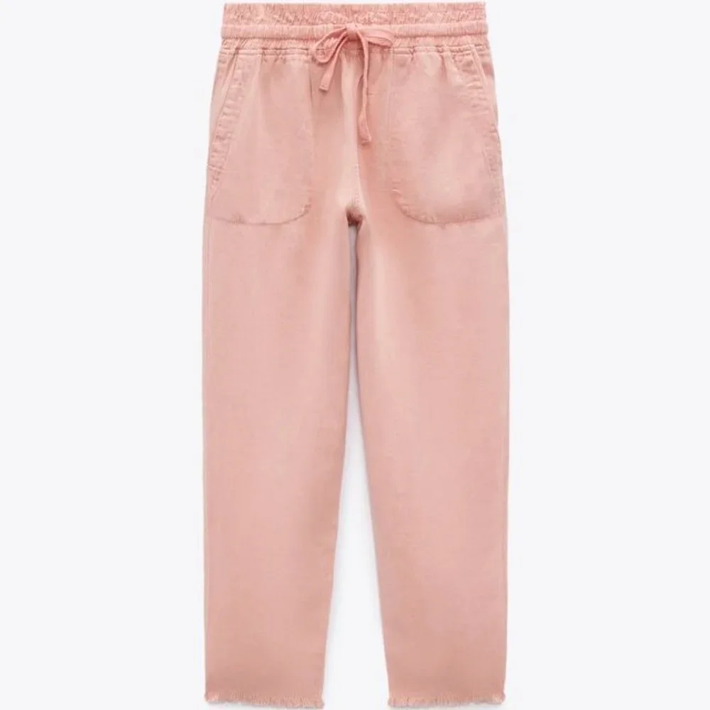 Zara Raw Hem Trousers Pink Linen Blend High Rise Utility Joggers